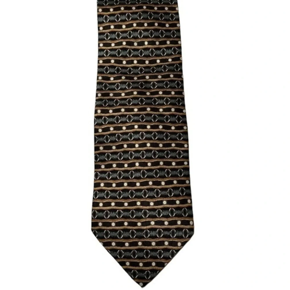 Boston Traders 100% silk African cowrie shell green & brown print tie